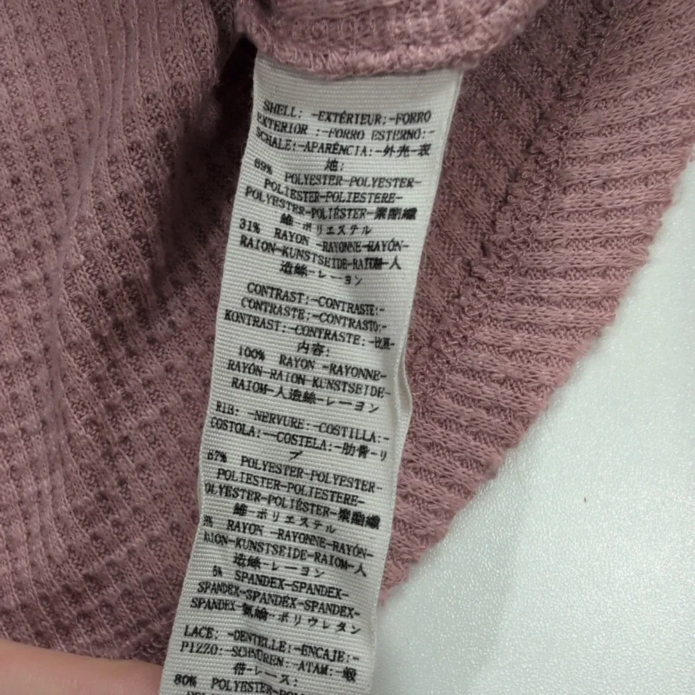 Free People Crochet‎ Lace Sleeve Waffle Knit Thermal Top Pink Embroidered Small